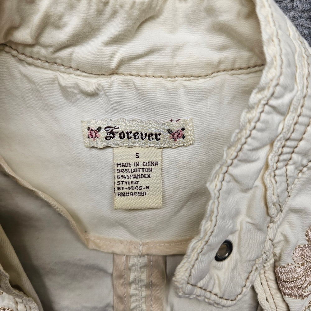 Forever 21 Cream Floral Embroidered Utility Jacket Puff Sleeve Peplum Small - Picture 5 of 8